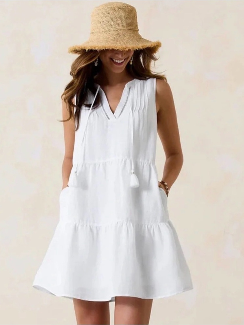 Tommy Bahama St. Lucia White Tiered Cotton Sleeveless Tassel Tie Dress Size M